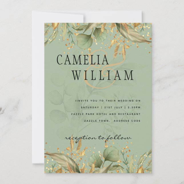 Olive Green Feuille Gold Wedding Invitation (Devant)
