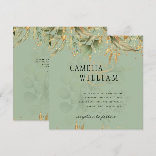Olive Green Feuille Gold Wedding Invitation (Devant / Derrière)