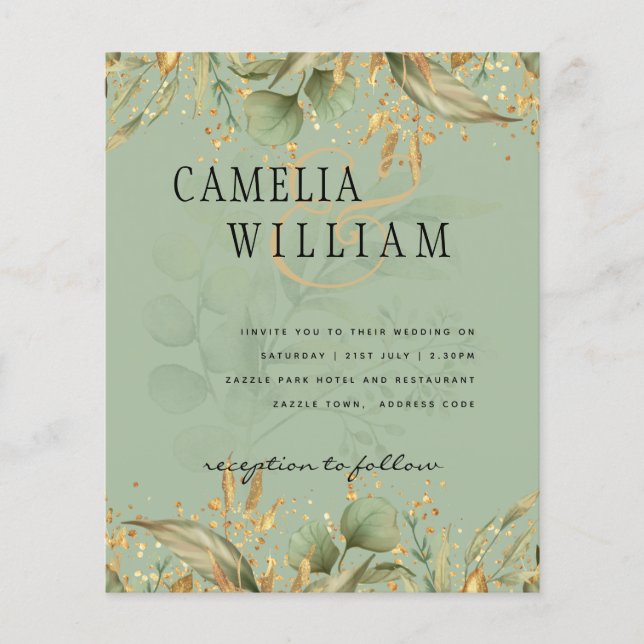 Olive Green Feuille Gold Wedding Invitation (Devant)