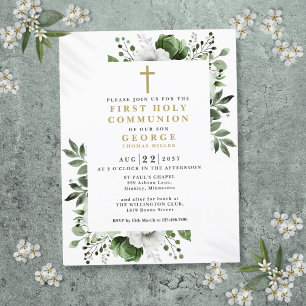 Olive Green Floral First Holy Communion Invitation