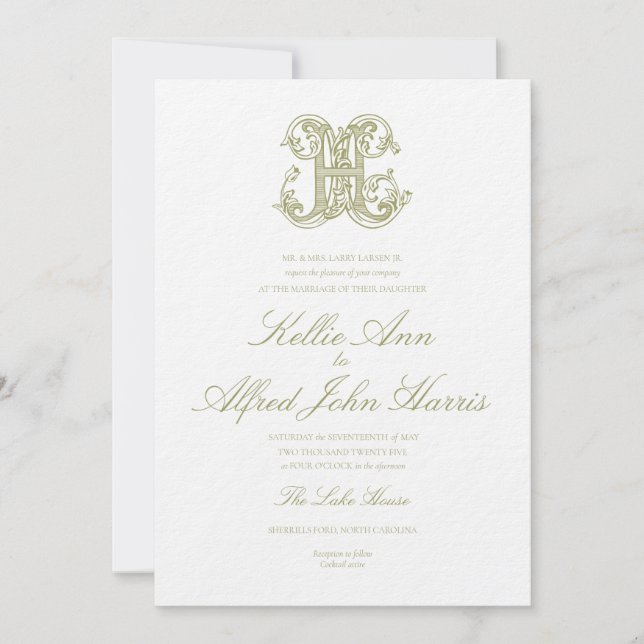 Olive Green "H" Monogram Wedding Invitation (Devant)