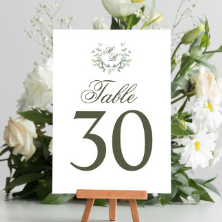 Olive Green Mariage Numéro de table Monogram Motif