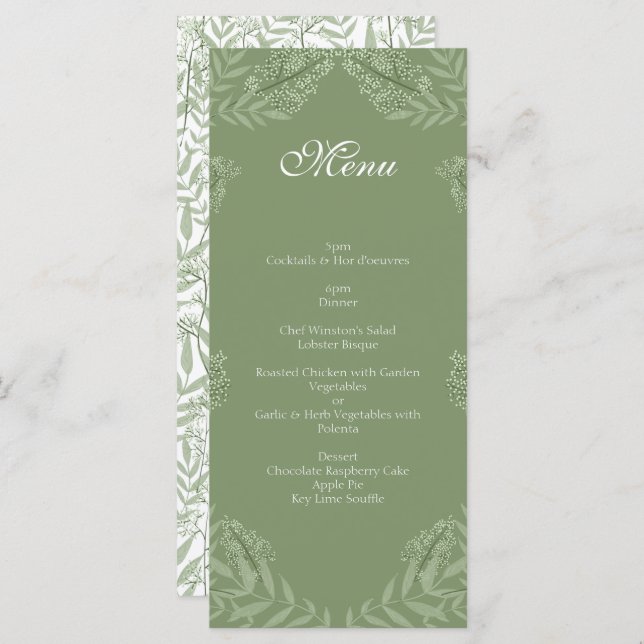 Olive Green Mariage Vintage Botanique Menu (Devant / Derrière)