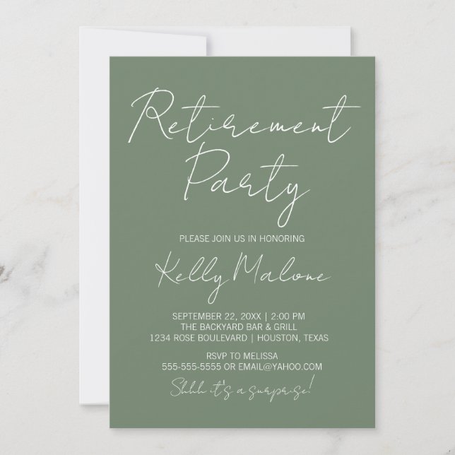 Olive Green Script Retraite Party Invitation (Devant)