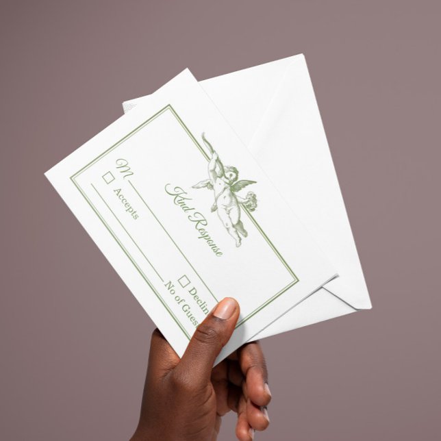 Olive Sage Toile de Jouy Cherub Wedding RSVP Card (Créateur téléchargé)