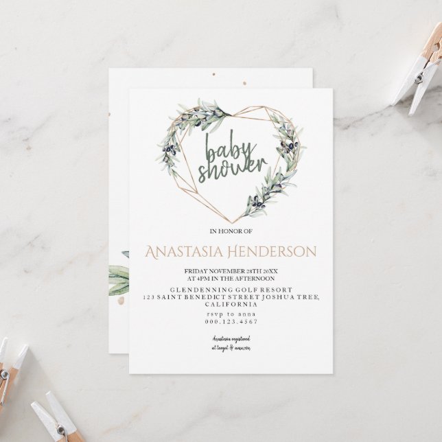 Olive sprigs-Baby shower Invitation. (Devant/Arrière en situation)
