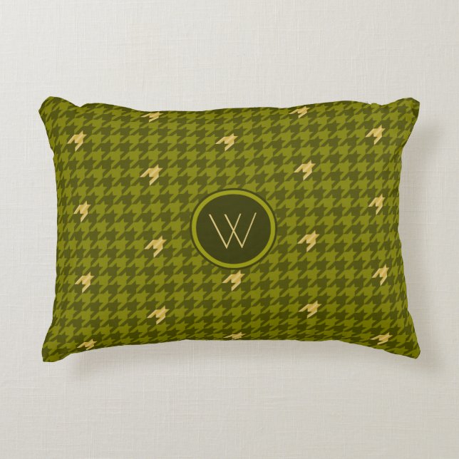 Olive with Gold Accent Houndstooth Coussin (Devant)