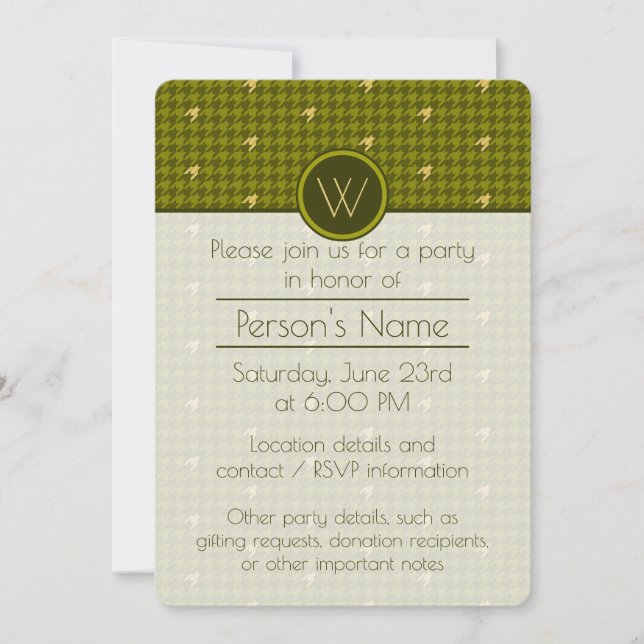 Olive with Gold Houndstooth Party Invitation (Devant)