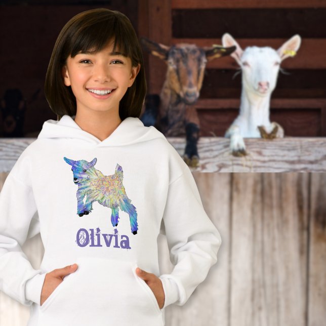 Olivia Ajouter le nom mignon bébé chèvre ferme ani (Cute jumping baby goat colorful animal art custom name girls sweatshirt)