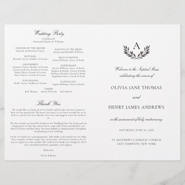 Olivia Black & White Catholic Mariage Mass Program (Devant)