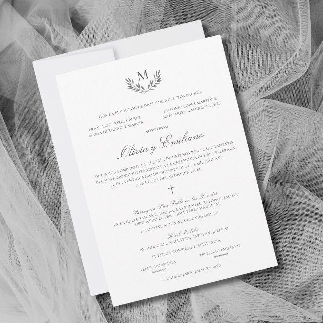 Olivia Invitation de Mariage Catholique Mariage (Elegante invitación de boda católica en español en paleta de colores grises)