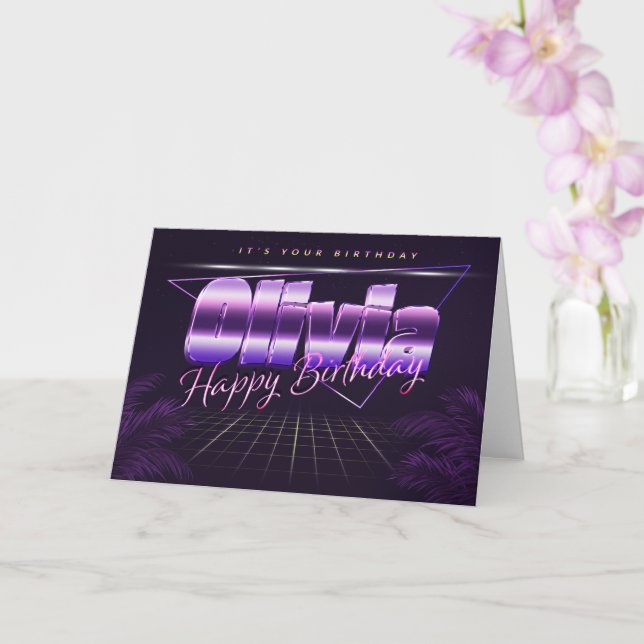 Olivia Nom Prénom carte anniversaire rétro lilas (Orchidée)