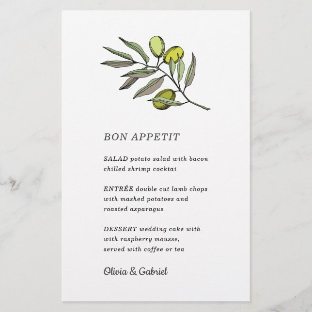 Olivier vert. Menu mariage moderne design (Devant)