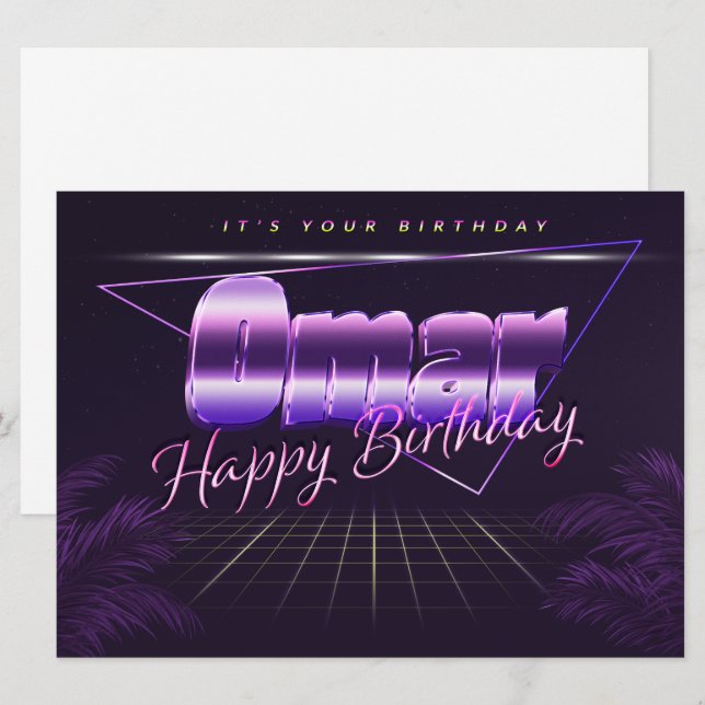 Omar Nom Prénom lila retro Carte Anniversaire (Devant / Derrière)