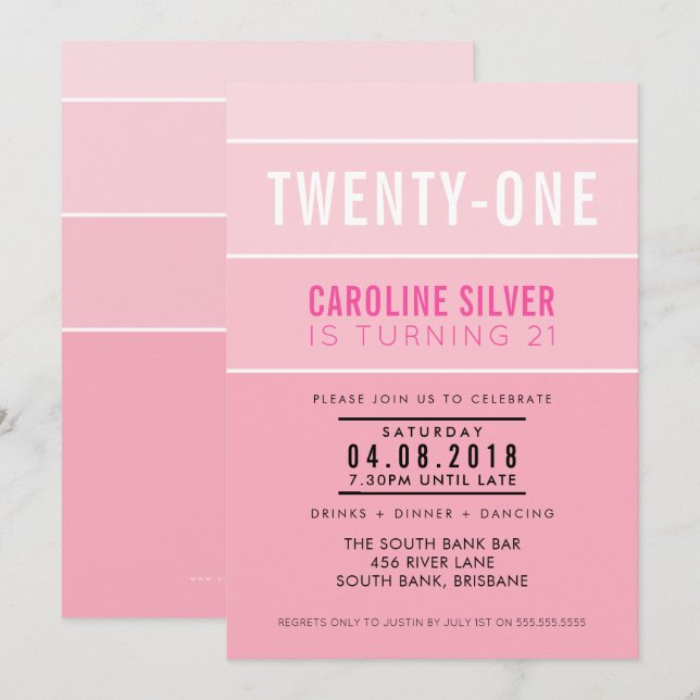 OMBRE STRIPE 21E anniversaire INVITATION chic rose (Devant / Derrière)