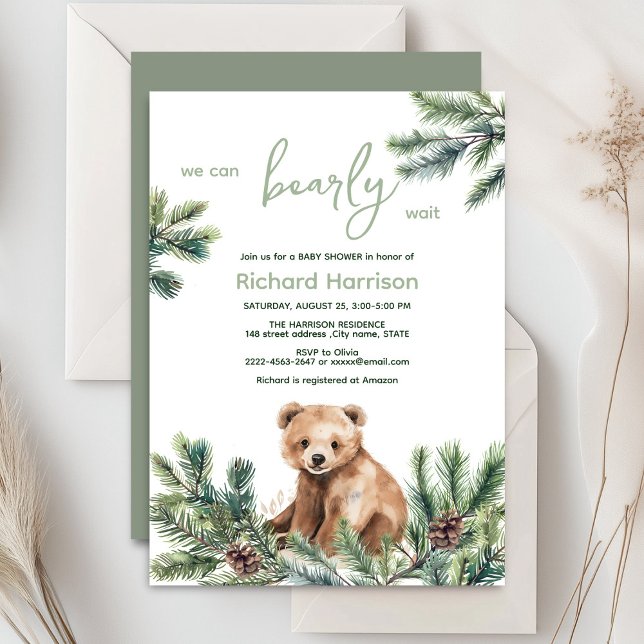 On peut attendre avec baby shower invitation (Bearly wait cute watercolor forest baby shower invitation )