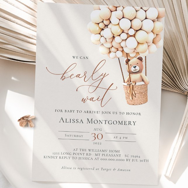 On Peut Attendre ! Invitation baby shower (We can bearly wait! Gender Neutral Bear & Balloons Baby Shower Invite.)