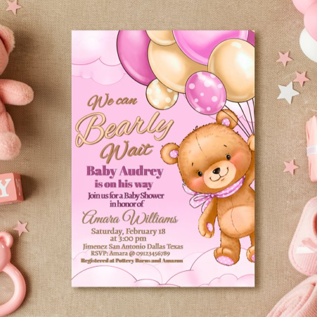 On peut attendre - Invitation Baby shower fille (We Can Bearly Wait - Girl Baby Shower Invitation)