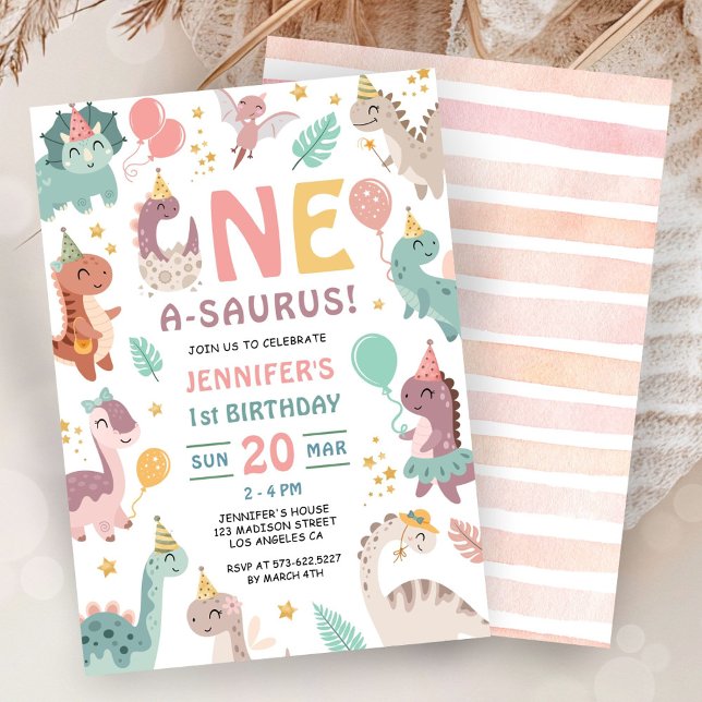 One A Saurus Dinosaur Girl 1st Birthday Invitation (Créateur téléchargé)