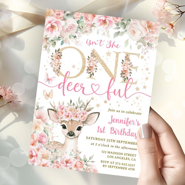 One-Deer-Ful 1st Birthday Girl Pink Invitation (Créateur téléchargé)