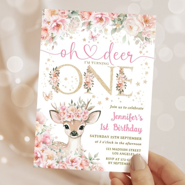 One-Deer-Ful Birthday Girl Pink Gold Invitation (Créateur téléchargé)