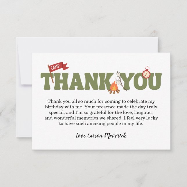 One Happy Camper Boys Birthday Thank You Card (Devant)
