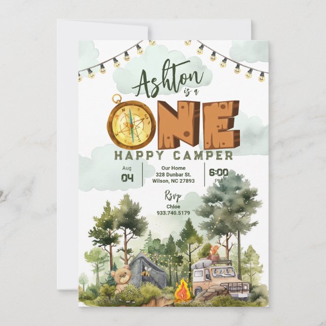 One Happy Camper First Birthday Invitation (Devant)