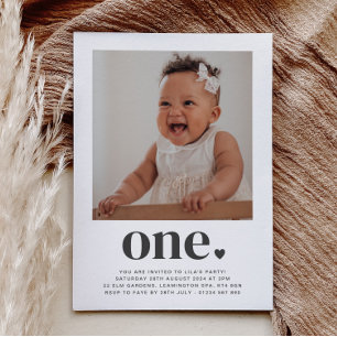 One Heart Carré Photo First Birthday Invitation