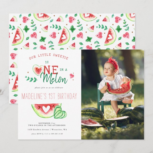 One In A Melon | Invitation pour le premier annive (Devant / Derrière)