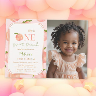 One Sweet Peach 1er Birthday Photo Invitation