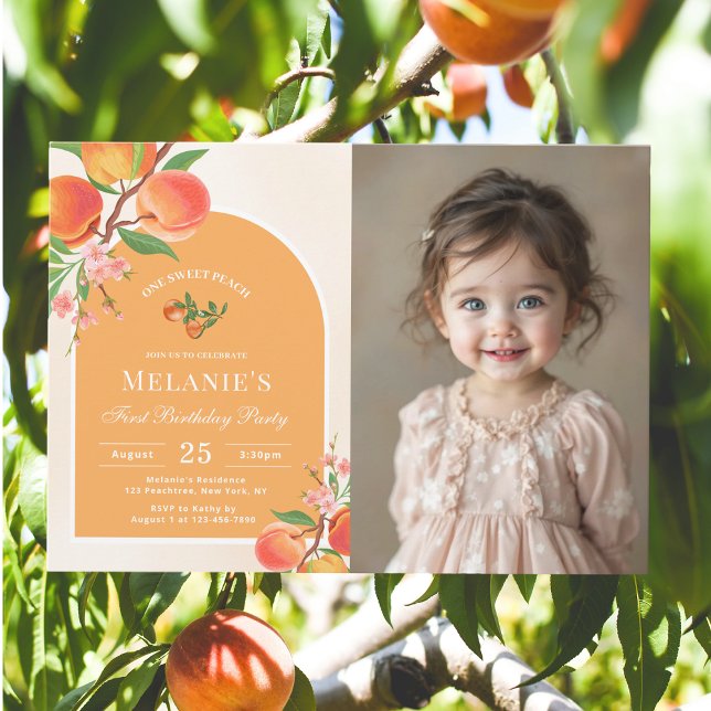 One Sweet Peach 1er Birthday Photo Invitation (Créateur téléchargé)