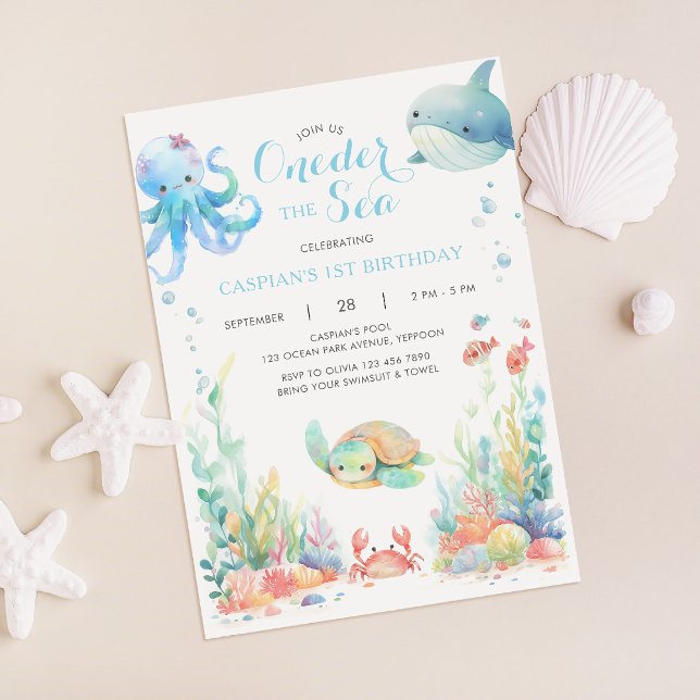 Oneder Sea First Birthday Blue Invitation (Créateur téléchargé)