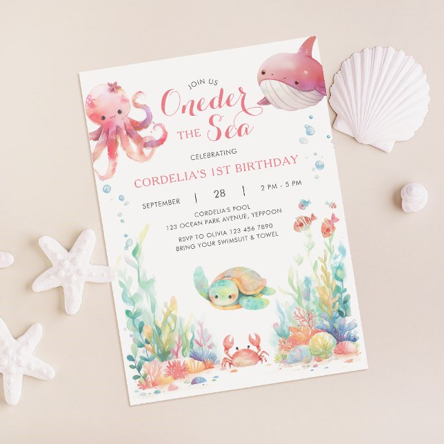Oneder Sea First Birthday Pink Invitation (Créateur téléchargé)