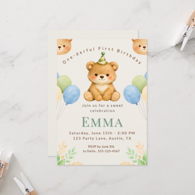 Onederful Bear First Birthday Party Invitation (Devant/Arrière en situation)