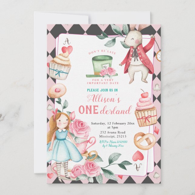 Onederland Tea Party Girl Anniversaire Invitation (Devant)