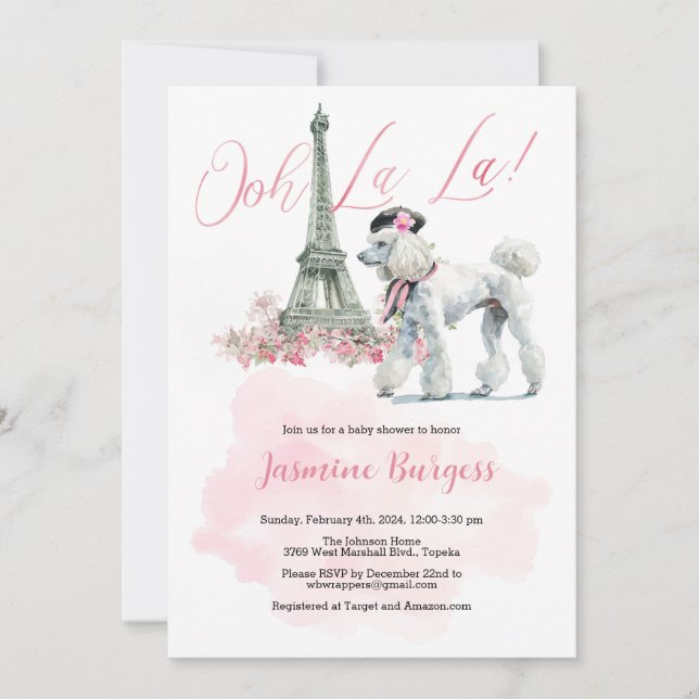 Ooh La Poodle Paris Baby shower Invitation (Devant)