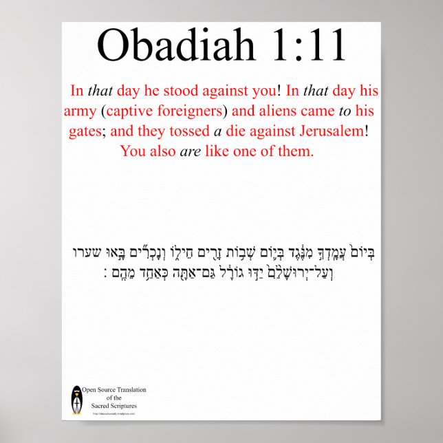 Open Source Translation Obadiah 1:11 Poster (Devant)