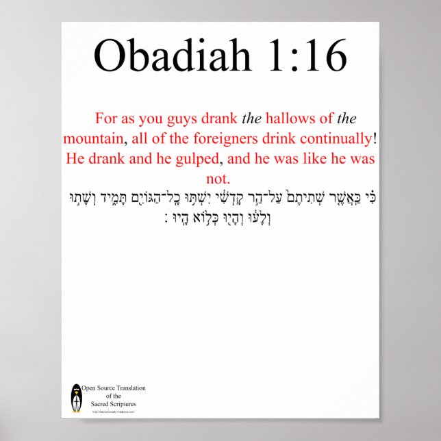 Open Source Translation Obadiah 1:16 Poster (Devant)