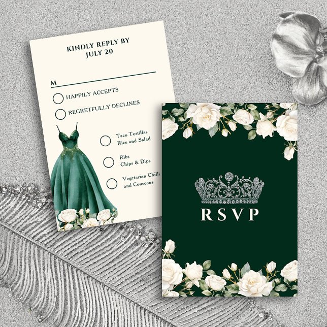Options de menu Robe de princesse verte pour Quinc (RSVP Card from the Princess Dress and Roses Quinceanera Collection by Darling & May)