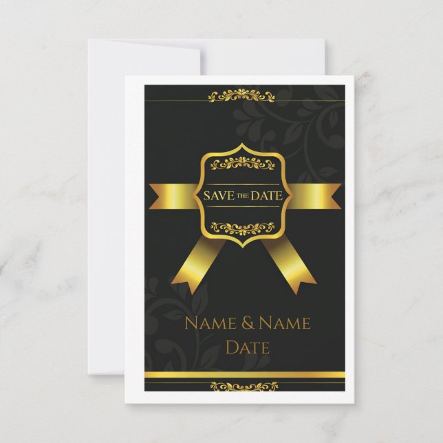 Opulent Black Damask Wedding Save the Date (Devant)