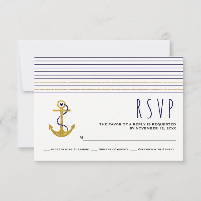 Or, ancre marine, rayures mariage nautique RSVP (Devant)