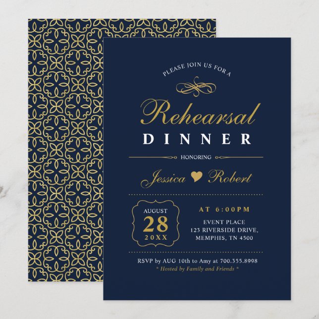 Or & Bleu marine | Élégante invitation au dîner de (Devant / Derrière)
