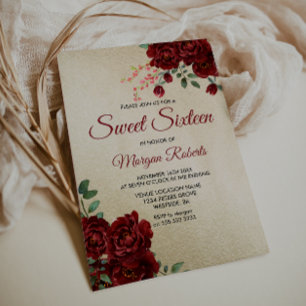 Or Bourgogne Rouge Rose Floral Sweet 16 Invitation