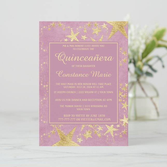 Or brillant sur Quinceanera rose Invitation (Debout devant)