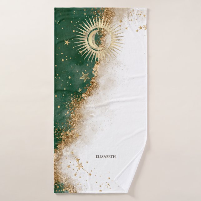Or céleste Soleil Et Lune Étoiles Vert (Serviette de bain)