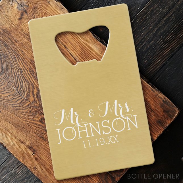 Or couleur solide - M & Mme Wedding Favors (Custom Bottle Opener - Card Style)
