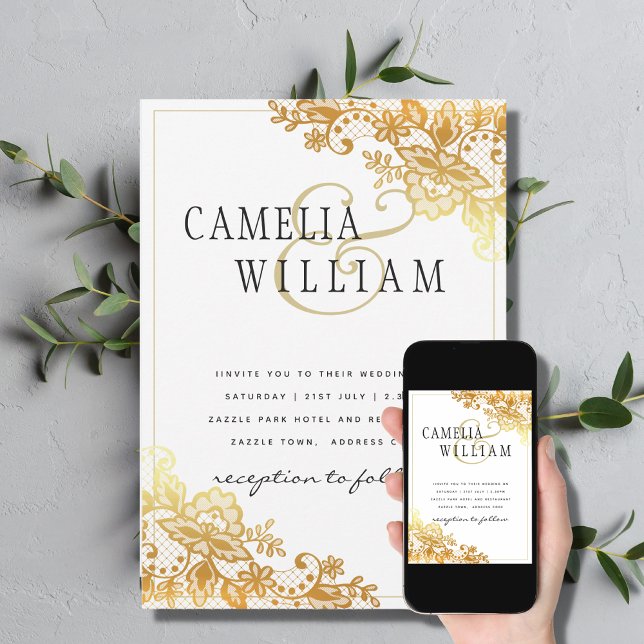 Or dentelle blanche Faire-part de mariage classiqu (Créateur téléchargé)