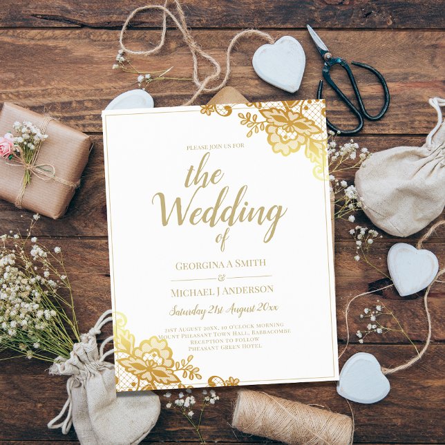 Or dentelle blanche Faire-part de mariage élégant  (Créateur téléchargé)