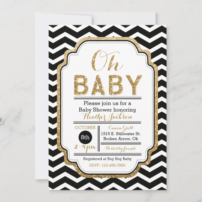 Or et invitation noire de baby shower, bébé de (Devant)