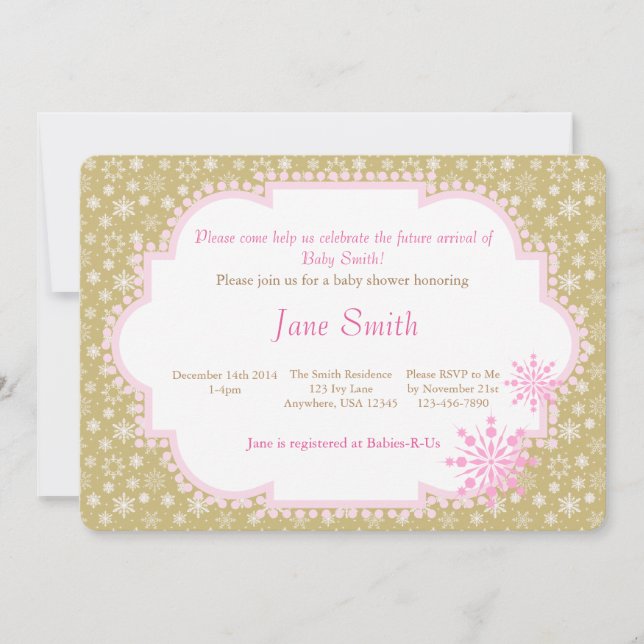 Or et invitation rose de baby shower de flocon de (Devant)
